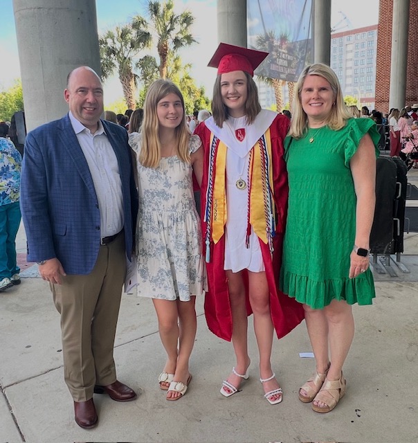 Attorney Christian Stegmaier and his wife, Paige, were all smiles last May when their daughter, Grace, earned degrees in finance and accounting from Clemson University, where she currently is enrolled in a master’s program. Also pictured is their daughter, Ella, who is a sophomore at Clemson studying graphic design. 