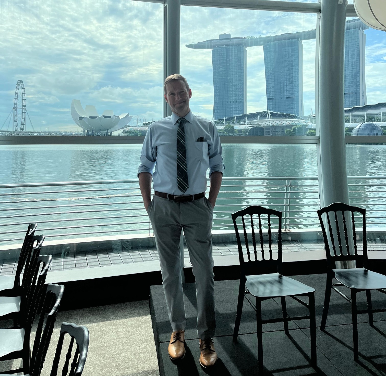 Adam has traveled extensively, including a recent trip to Asia that included a stop at Marina Bay in Singapore.