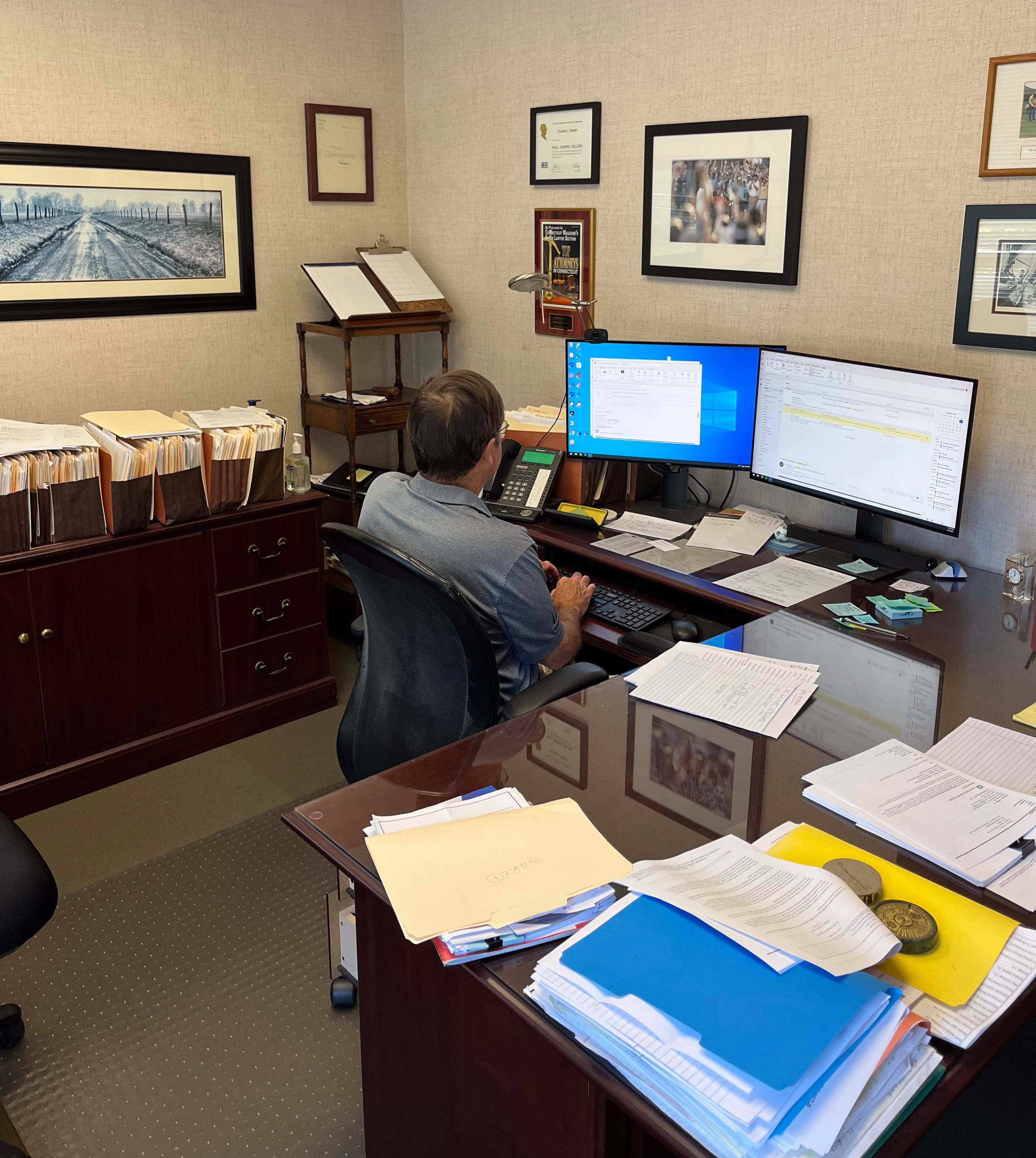 Attorney Tom Walsh in his office at Brody Wilkinson in Southport, Connecticut.